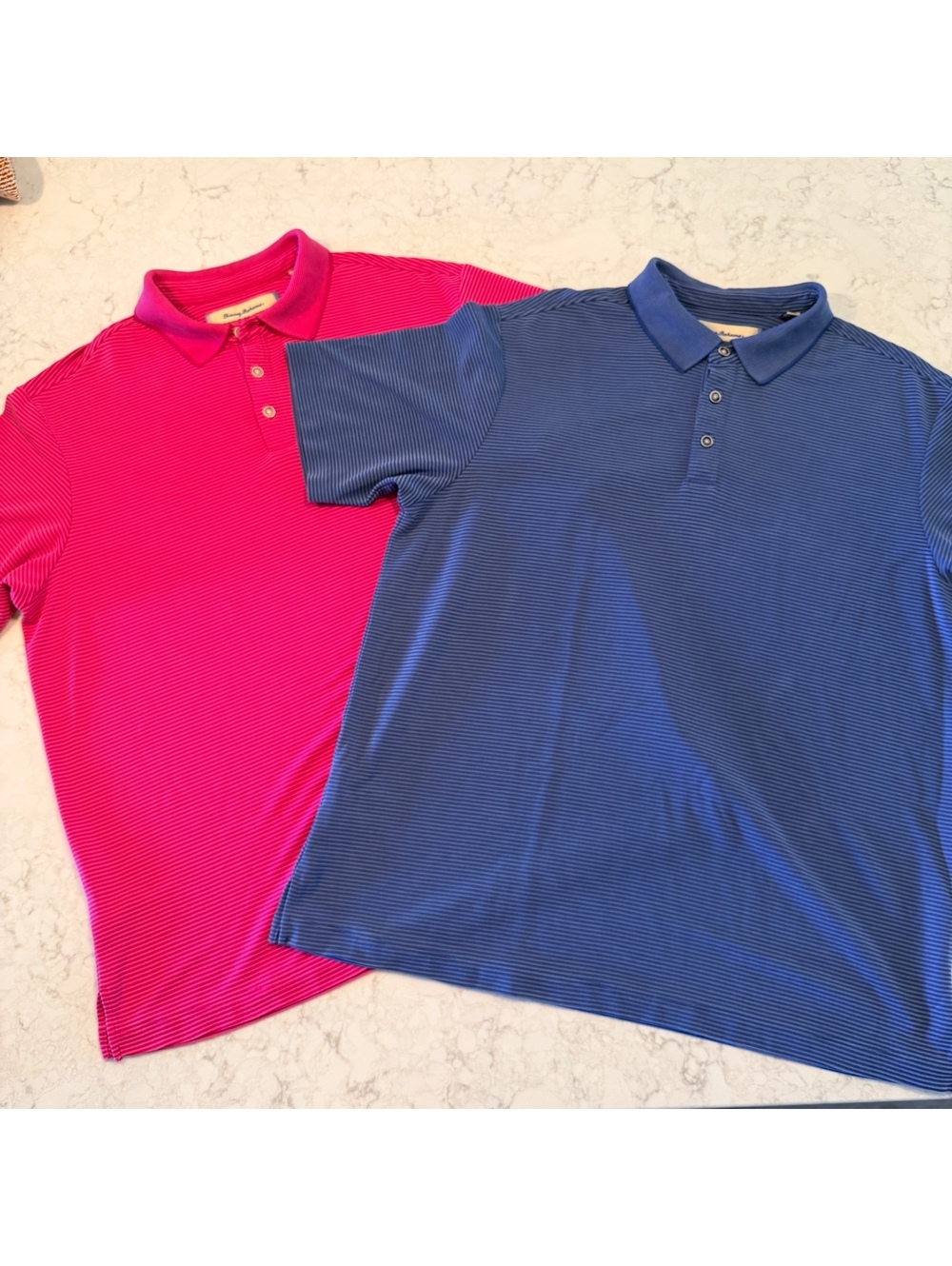 Lot of 2 Tommy Bahama Men's Striped Polo Shirts Blue & Pink/Red Resort Casual LG